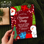 Cute Red Christmas Party Santa & Snowman Invitation<br><div class="desc">Invite guests to your Christmas party with this cute red holiday invitation featuring Santa Claus,  snowman,  presents,  candy canes,  Christmas trees,  ornaments,  a snowy border frame & a cute pattern on the back.</div>
