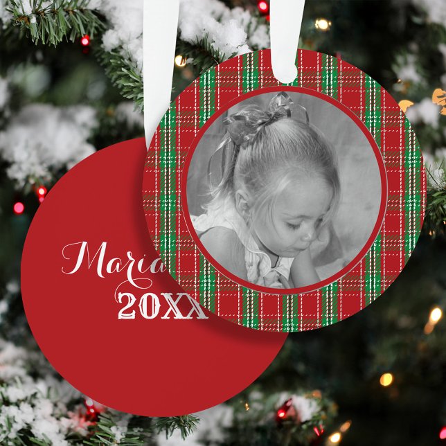 Cute Red Christmas Plaid Holiday Photo Ornament  (Red plaid Christmas ornament with child photo, custom name, and year keepsake.)