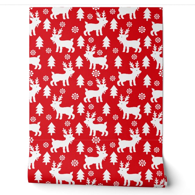 Cute Red Christmas Reindeer Pattern Kids Nursery Wallpaper (Unrolling)