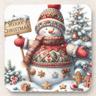 Cute Red Christmas Snowman Coaster