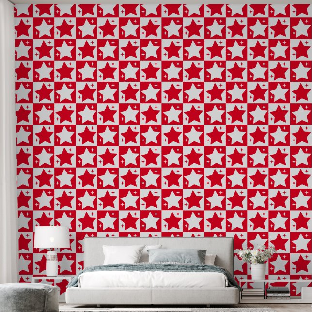 Cute Red Christmas Stars Pattern Wallpaper (Bedroom)