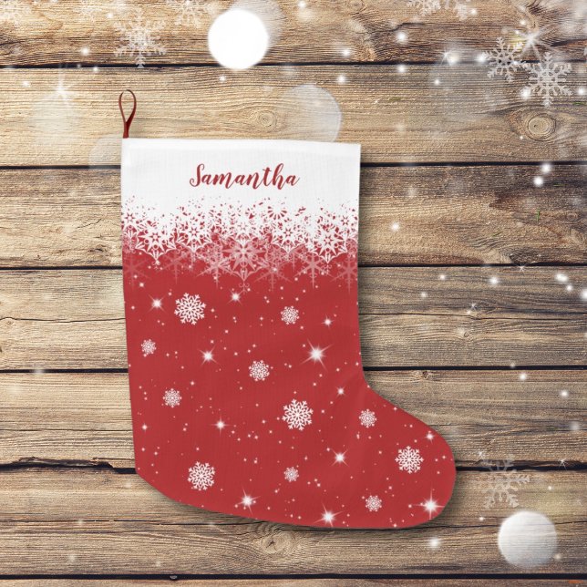 Cute Red Christmas Stars Snowflakes Pattern Large Christmas Stocking (Creator Uploaded)