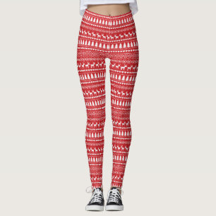 Cute red Christmas with Xmas trees, deers Leggings