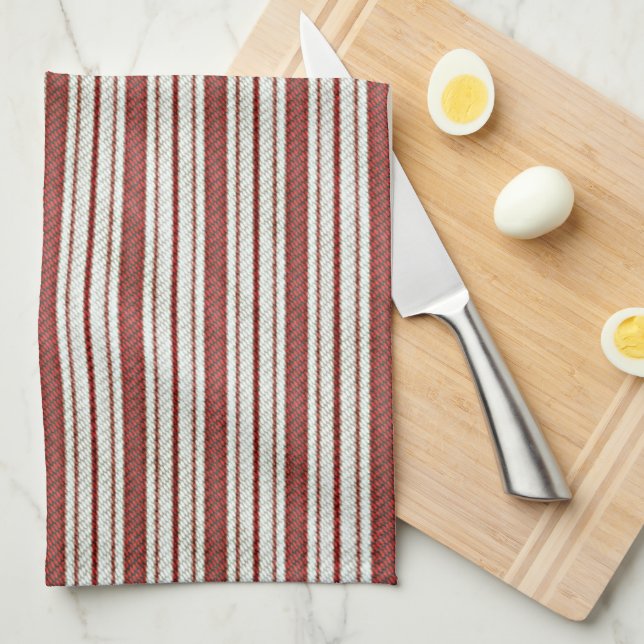 Cute Red Country Farmhouse Linen Stripes Pattern Kitchen Towel (Quarter Fold)