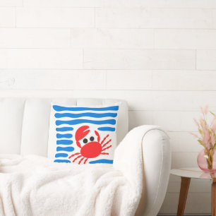Cute Red Crab & Blue Waves Coastal Chowder Throw Pillow
