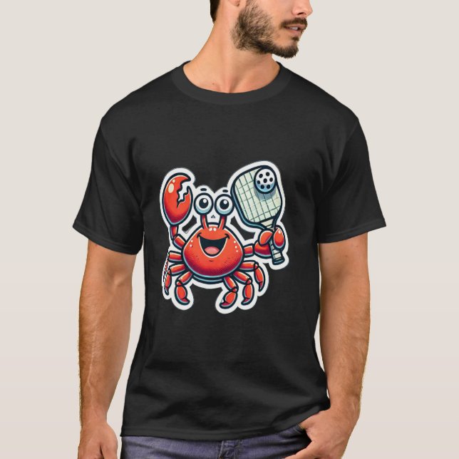 Cute Red Crab Playing Pickleball Design T-Shirt (Front)