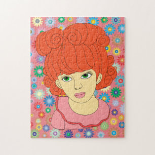 Cute Red Curly Hair Little Girl flowers art Jigsaw Puzzle