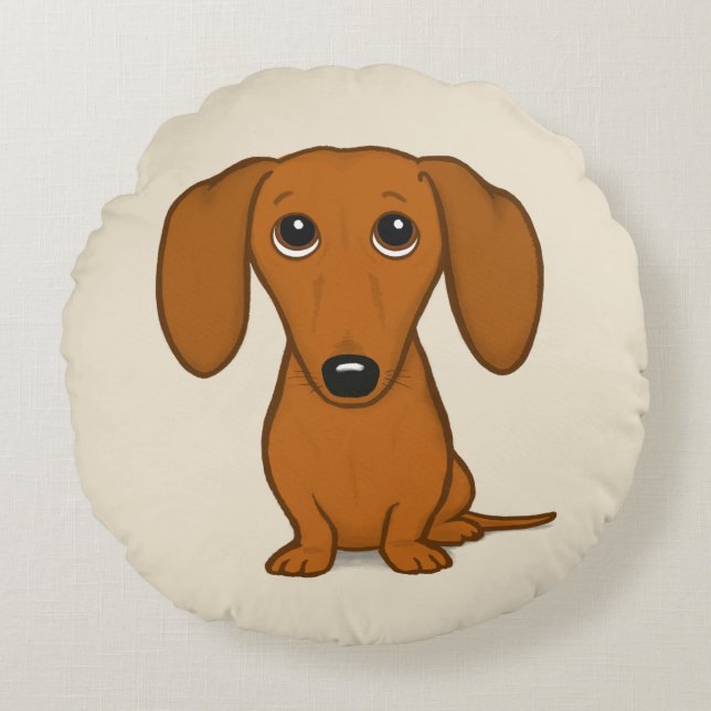 Cute Red Dachshund | Funny Cartoon Wiener Dog Round Pillow (Front)