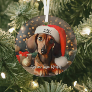 Cute Red Dachshund Puppy with Santa Hat Glass Ornament