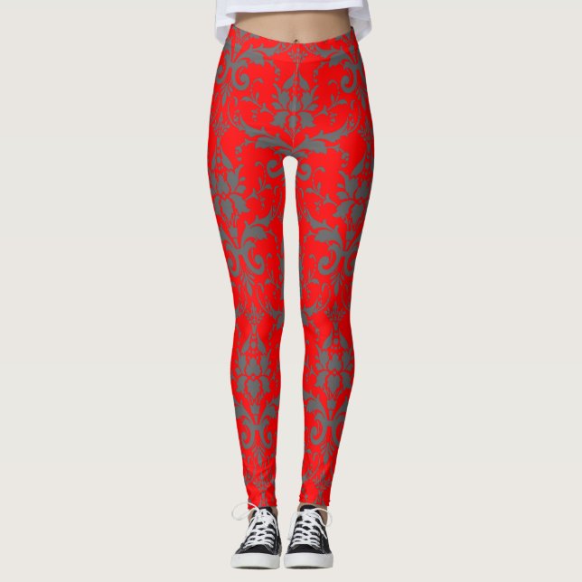 Cute Red Damask Pattern Women's Workout Leggings (Front)