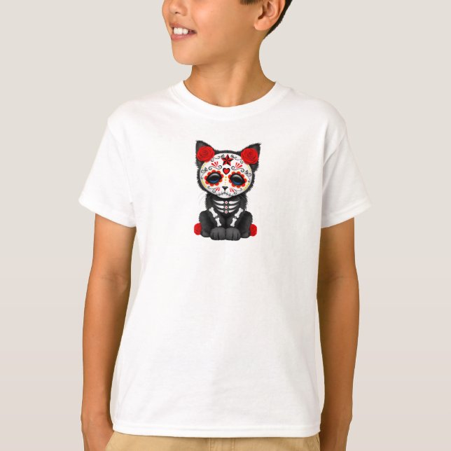 Cute Red Day of the Dead Kitten Cat T-Shirt (Front)