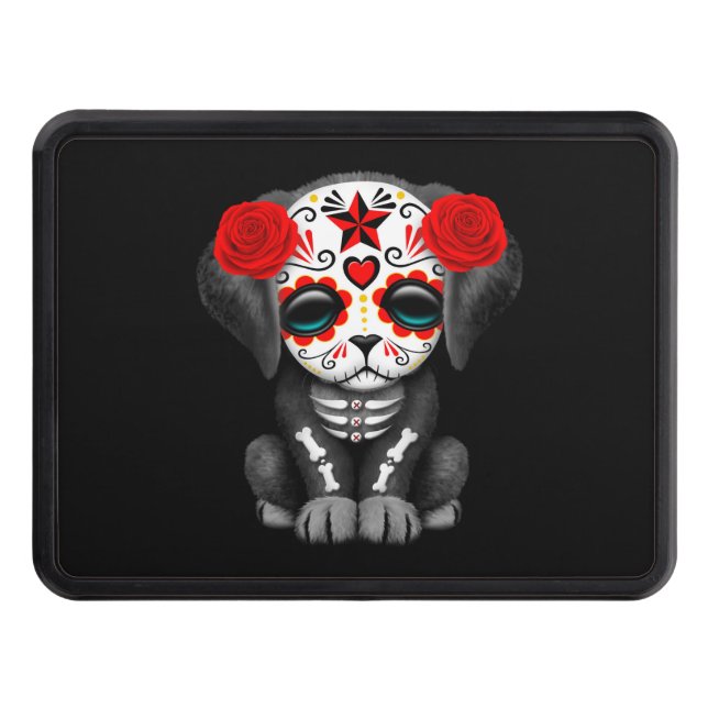 Cute Red Day of the Dead Puppy Dog Black Trailer Hitch Cover (Front)