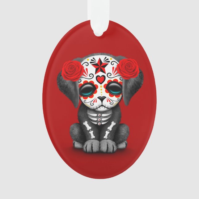 Cute Red Day of the Dead Puppy Dog Ornament (Front)