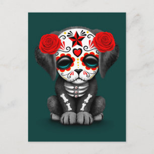 Cute Red Day of the Dead Puppy Dog Teal Postcard
