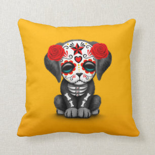 Cute Red Day of the Dead Puppy Dog Yellow Throw Pillow