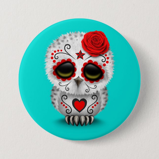 Cute Red Day of the Dead Sugar Skull Owl Blue 3 Inch Round Button (Front)