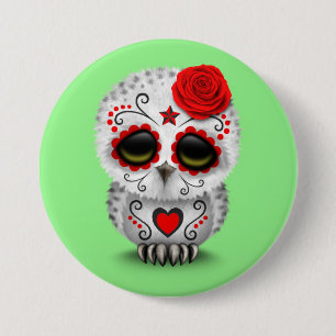 Cute Red Day of the Dead Sugar Skull Owl Green 3 Inch Round Button