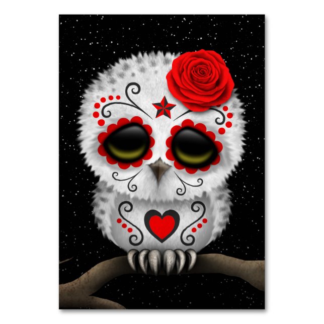 Cute Red Day of the Dead Sugar Skull Owl Stars Table Number (Front)