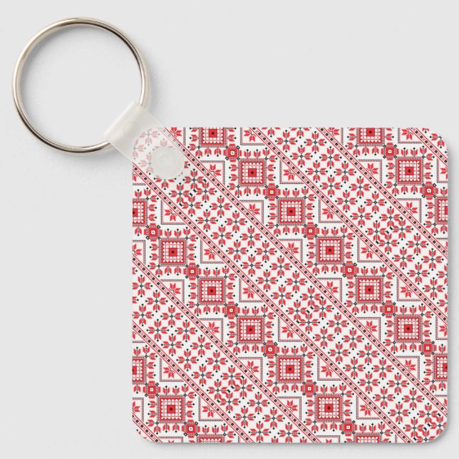 Cute red decorative ukrainian patterns design keychain (Front)