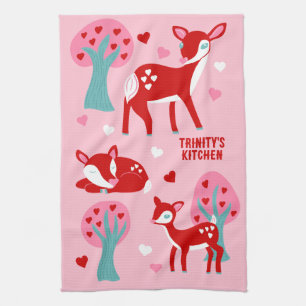 Cute Red Deer Valentine's Day Custom Message Kitchen Towel