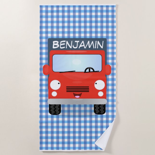 Cute red delivery truck cartoon illustration beach towel (Front)