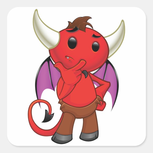 Cute Red Devil Character Thinking Mischievous Square Sticker (Front)