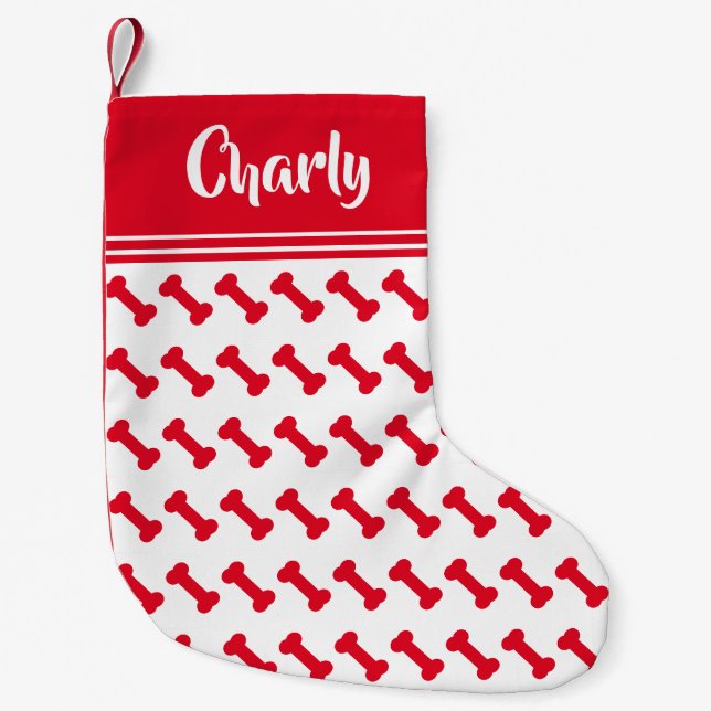 Cute Red Dog Bone Pattern - Personalized Small Christmas Stocking (Front)