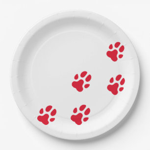 Cute Red Dog Paw Prints Paper Plate