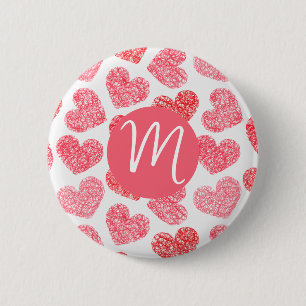 Cute Red Doodled Heart Valentine's Day Monogram 2 Inch Round Button
