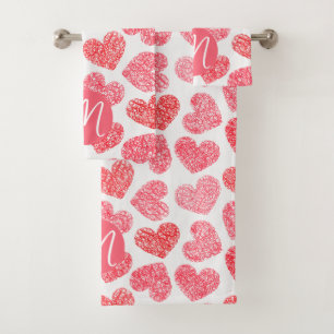 Cute Red Doodled Heart Valentine's Day Monogram Bath Towel Set