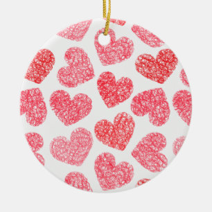 Cute Red Doodled Heart Valentine's Day Pattern Ceramic Ornament
