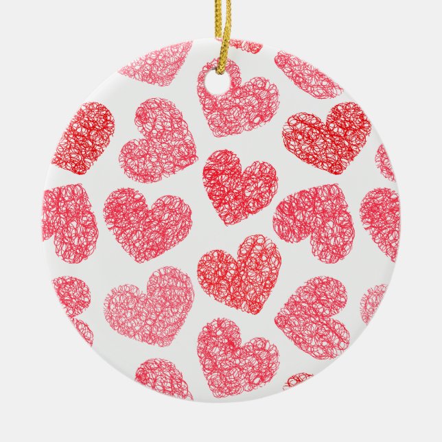 Cute Red Doodled Heart Valentine's Day Pattern Ceramic Ornament (Front)