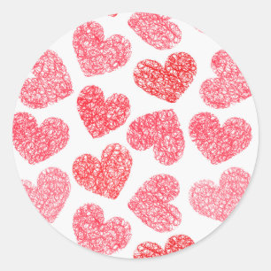 Cute Red Doodled Heart Valentine's Day Pattern Classic Round Sticker