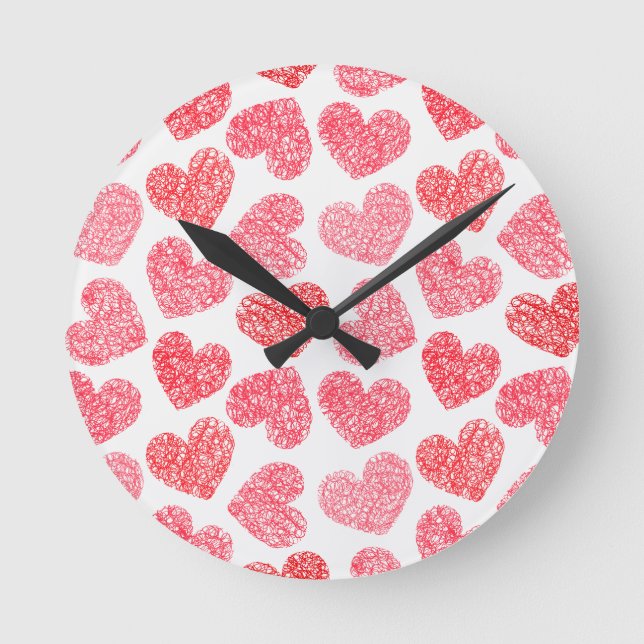 Cute Red Doodled Heart Valentine's Day Pattern Round Clock (Front)