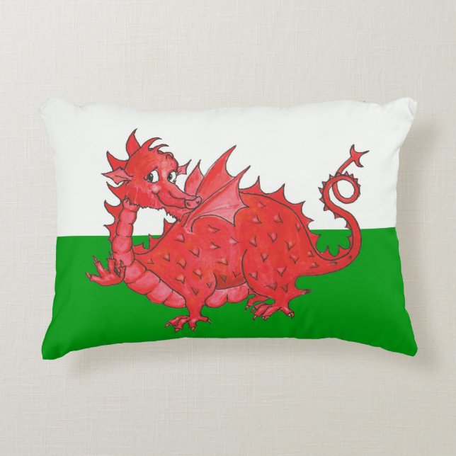 Cute Red Dragon on Green and White Accent Pillow (Front)