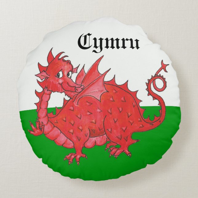 Cute Red Dragon on Green and White Round Pillow (Back)
