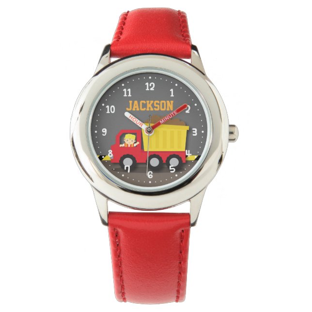 Cute Red Dump Truck Construction Builder Boy Watch (Front)