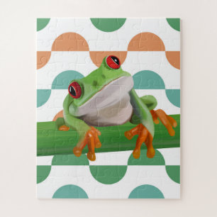 Cute Red Eyed Tree Frog Colorful Geometric Jigsaw Puzzle