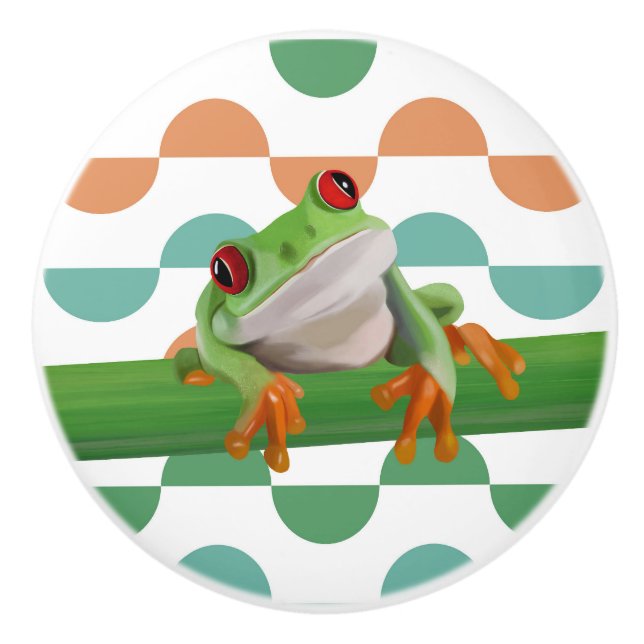 Cute Red Eyed Tree Frog Colourful Geometric Ceramic Knob (Front)