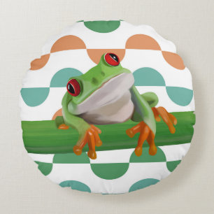 Cute Red Eyed Tree Frog Colourful Geometric Round Pillow