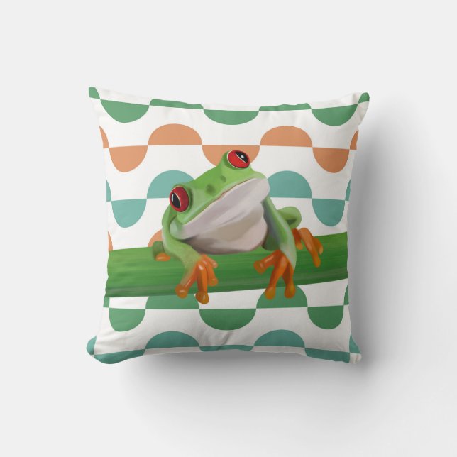 Cute Red Eyed Tree Frog Colourful Geometric Throw Pillow (Front)