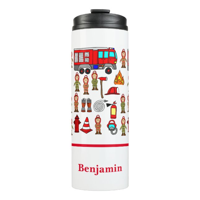 Cute Red Fire Engine & Fire Fighters  Thermal Tumbler (Front)
