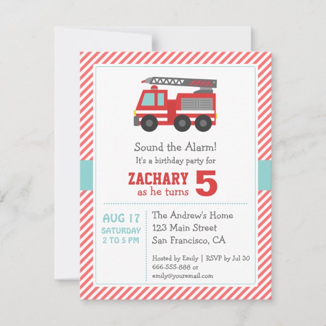 Cute Red Fire Truck Birthday Party Invitation (Front)
