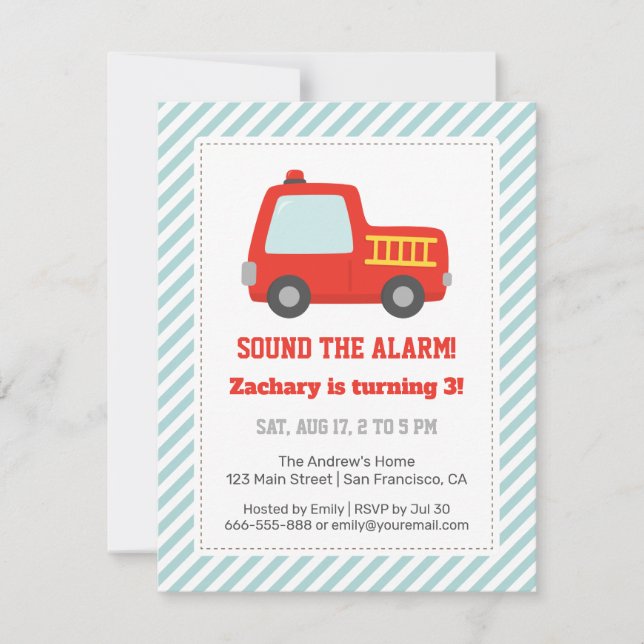 Cute Red Fire Truck, Boys Birthday Party Invitation (Front)