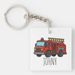 Cute Red Fire Truck Firefighter Kids name Keychain