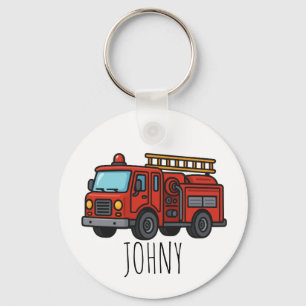 Cute Red Fire Truck Firefighter Kids name Keychain