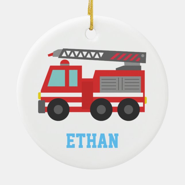 Cute Red Fire Truck for Boys, Name Ceramic Ornament (Back)