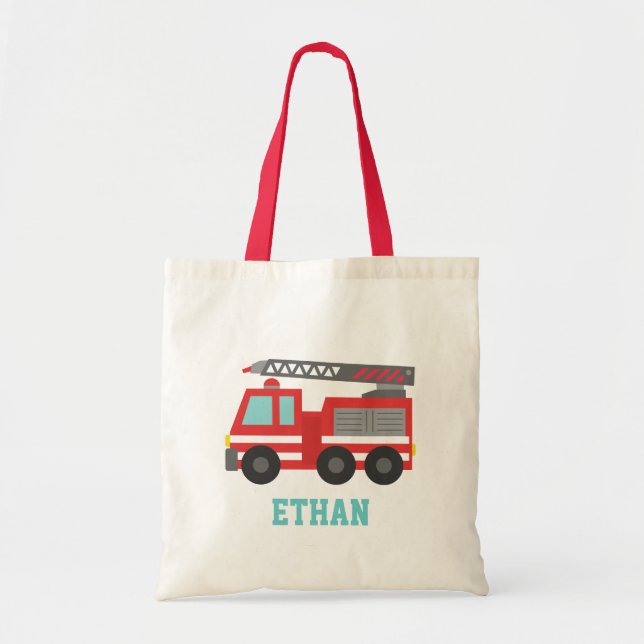Cute Red Fire Truck for Boys, Name Tote Bag (Front)