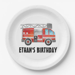 Cute Red Firetruck Birthday Party Paper Plate