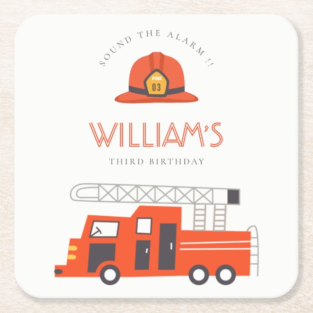 Cute Red Firetruck Engine Kids Any Age Birthday Square Paper Coaster (Front)